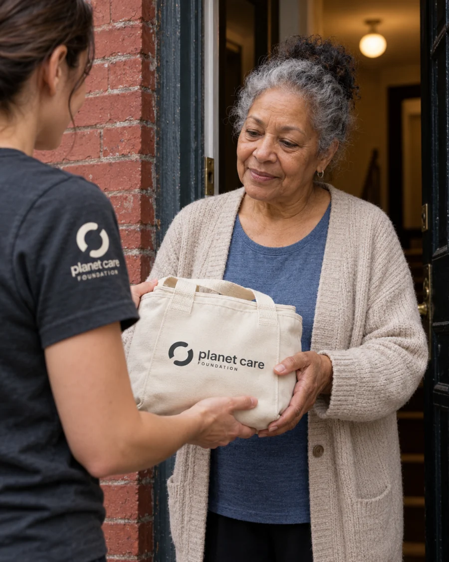 An older woman receiving a bag of essential supplies at her doorway