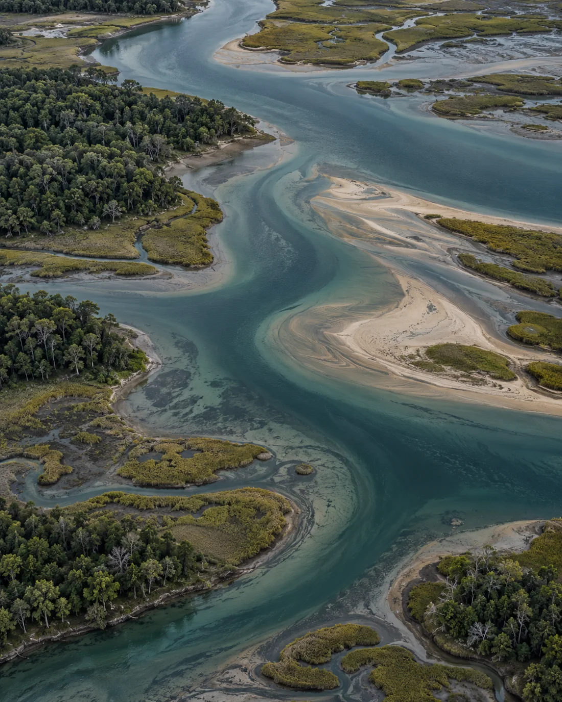 A winding tidal waterway between woodland and coastal marsh