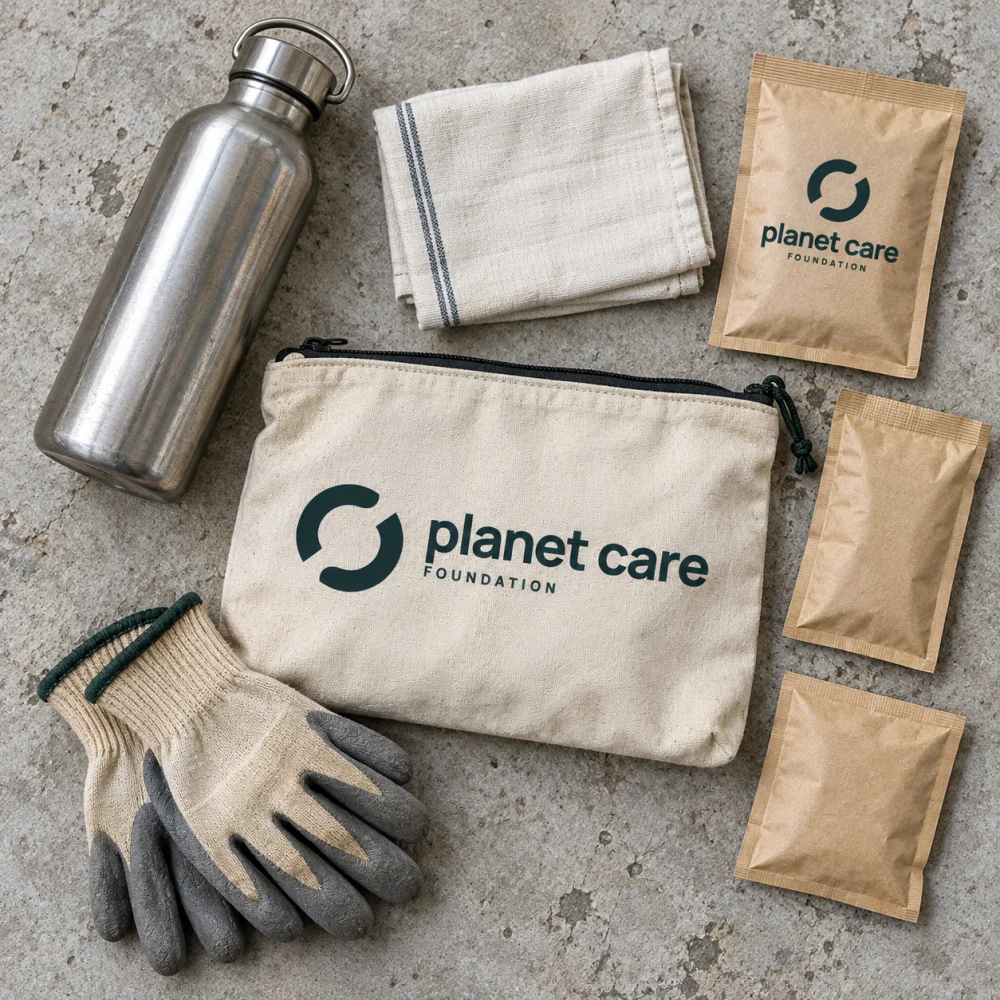 Reusable supplies and a Planet Care canvas pouch viewed from above