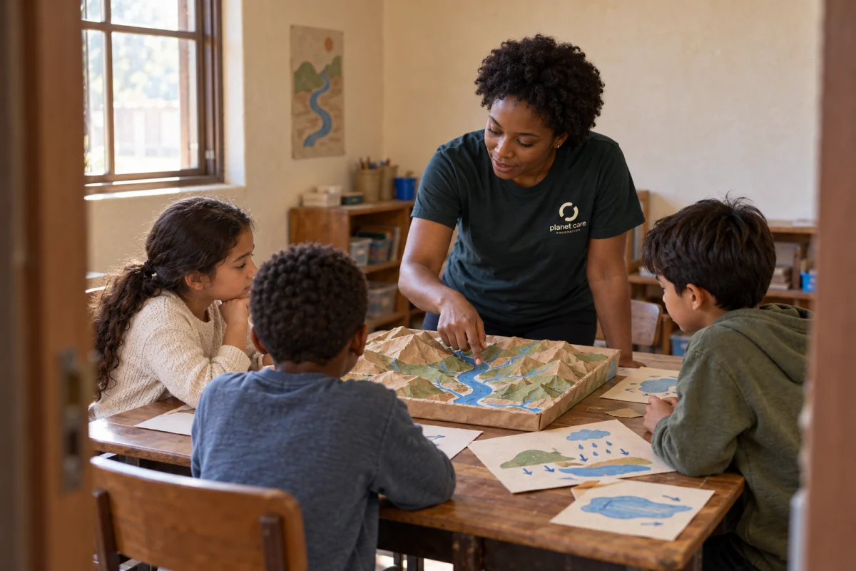 An educator exploring a watershed model with children in a classroom