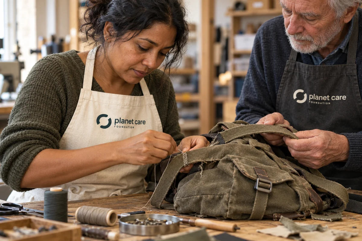 People repairing a canvas bag at a community workshop