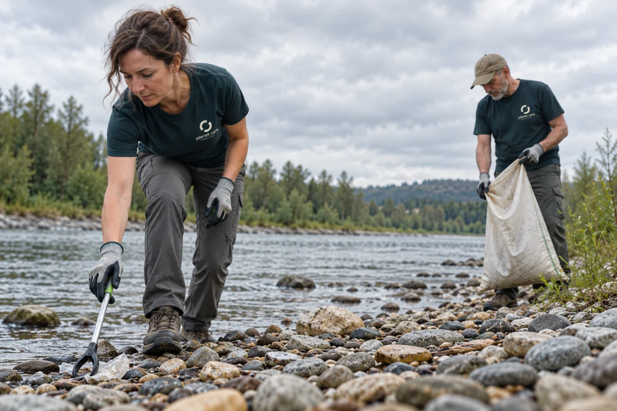 Two people removing litter from a riverbank