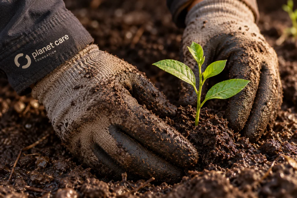 Gloved hands placing a small native seedling in damp soil